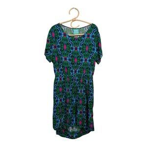 Escapada Open Back Knee Length Short‎ Sleeve Pattern Pink Blue Green Dress XL